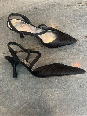 Nina Black Pleated Pointed-Toe Slingback Heels